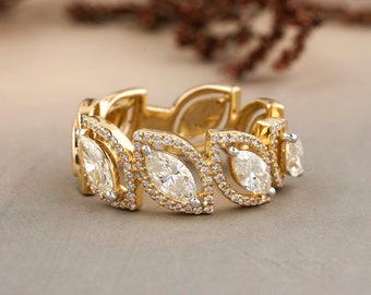 Marquise Leaves Diamond Band Ring, 14k Solid Gold, Engagement Stack, Half Eternity Band with Natural Diamonds