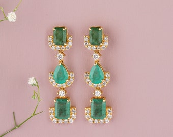 8 ct Multi Shapes Emerald Dangle Drop Earrings, Pear & Emerald Cuts Earrings, 14k Solid Gold, Natural Diamonds, Gift for her