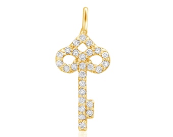 Key Diamond Charm Pendant, 14k Solid Gold, Natural Diamonds, Gift for her