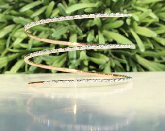 Spiral Design Cuff Bracelet, Textured Grooved Coiled Design Bracelet, Marquise Natural Diamonds, 14K Solid Gold, Gift for her