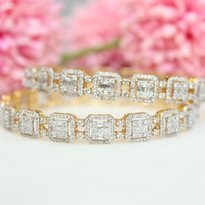 Halo Square Design Diamond Bangle/ 14K Solid Gold/ Baguette & Round Natural Diamonds/ Illusion Setting/gift for her image 2