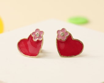 Teenager Floral Heart Diamond Stud Earrings, 14k Solid Gold With Enameling, Natural Diamonds, Kids Jewelry