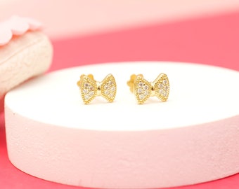 Kids Bow Diamond Stud Earrings, 14k Solid Gold, Natural Diamonds, Kids jewelry