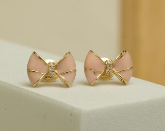 Kids Bow Diamond Stud Earrings, 14k Solid Gold With Enameling, Natural Diamonds, Kids Jewelry
