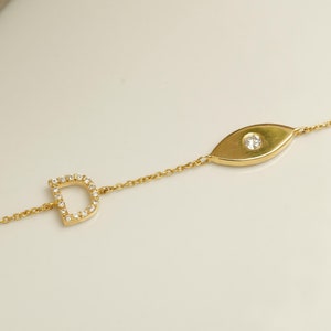 Pulsera de diamantes con letra inicial personalizada, pulsera con símbolo de ojo de oro macizo de 14 k, diamantes naturales, joyería minimalista personalizada, regalo para ella
