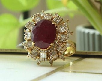 Ruby Baguette Diamond Ring, 14k Solid Gold, July Gemstone, Birthstone Ring, Cocktail Ring, Natural Diamonds, Gift for her