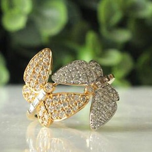 Butterfly Diamond Ring In 14K Solid Gold, Dual Color Ring With Natural Diamonds, Gift for Women image 1