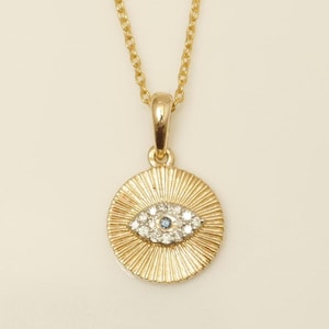 Evil Eye Medallion Diamond Pendant Necklace, 14k Solid Gold, Natural Diamonds, Sunburst Pendant, Everyday Stacking Jewelry, Gift for Her