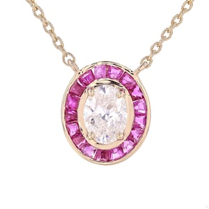 Natural Ruby & Oval Natural Diamond Necklace: 14k Solid Gold Stacking Gemstone Jewellery, Certified Jewelry