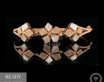 Diamond Flower Bracelet In 14k Solid Gold, Mother Of Pearl Bracelet With Natural Diamonds, Gift for Women