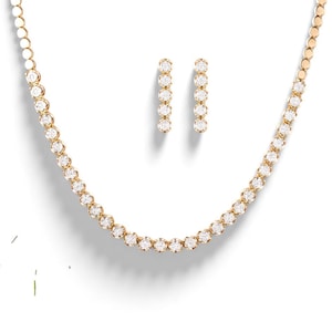 Round Diamond Tennis Necklace Earring Set, 14k Solid Gold, Natural Diamonds, Diamond String Necklace, Illusion Set Minimal Jewelry