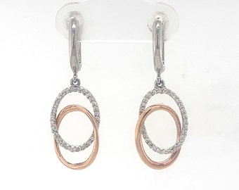Interlocking Oval Dangle Diamond Earrings, 14k Solid Gold, Natural Diamond, Two Tone Drop Earring, Wedding Bridal Jewelry, Statement Dangler