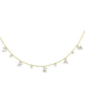 Collar con dije de diamantes Dream, oro macizo de 14 k, diamantes naturales, collar con dije de afirmación, cadena apilable para uso diario, regalo para ella
