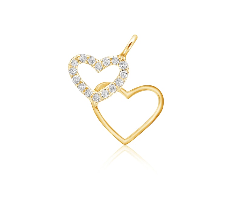 Double Hearts Gold Charm Pendant, Natural Diamonds, 14k Solid Gold, Gift for her, Dainty Charms image 1