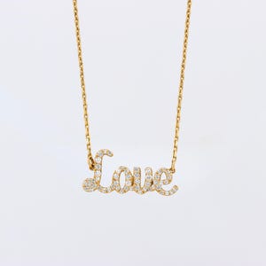 Collar de diamantes Love, oro macizo de 14 kt, joyería inspiradora con escritura, joyería artesanal, collar con palabras, listo para enviar, regalo para el día de la mujer
