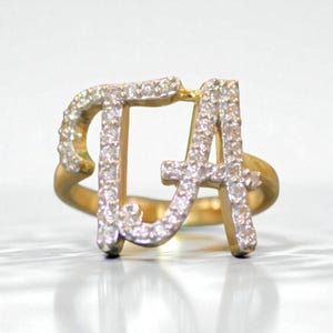 Anillo de diamantes con doble inicial personalizado, oro macizo de 14 k, diamante natural, letra manuscrita, banda con letra personalizada, anillo minimalista con estilo.