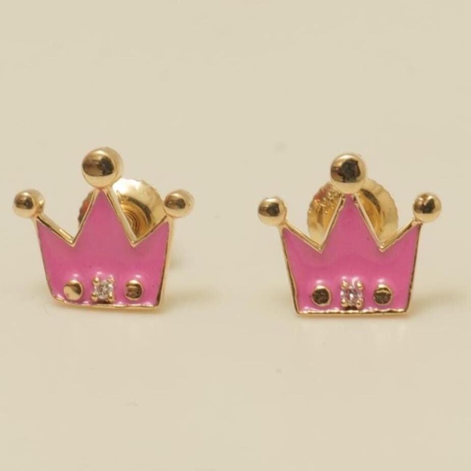 Diamond Crown Kids Earrings, Pink Enamel Studs, 14k Solid Gold, Natural Diamonds, Everyday jewelry, Gift for toddlers/girls, Ready To Ship