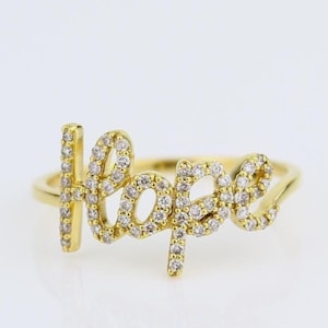 Anillo de diamantes "Esperanza", oro macizo de 14 kt, diamantes naturales, anillo con palabra de declaración, joyería de afirmación, joyería inspiradora, listo para enviar