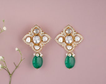 Flower Design Polki Diamond Earrings, 14K Solid Gold, Natural Diamonds, Emerald Drop Earrings, Gift for her, Indian Design Earrings