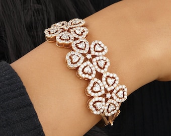 Heart Shape Diamonds Floral Design Bracelet, 14k Solid Gold, Moissanite Bracelet, Gift for her