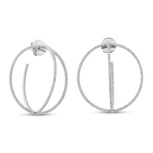 May include: A pair of silver-toned hoop earrings featuring a double-circle design. Each earring consists of two intersecting circular bands encrusted with small, clear, sparkling stones along the entire outer surface, secured with a post back.