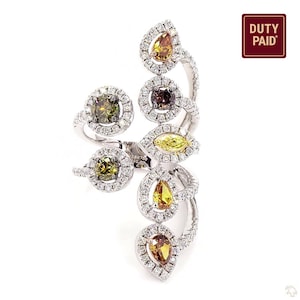Multi Shape Fancy Color Natural Diamond Ring: 18k Solid Gold Cluster Halo Jewelry, IGI Certified, Duty Paid, Ready To Ship