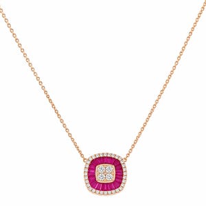 May include: A rose gold necklace featuring a square pendant with rounded corners. The pendant is set with a central cluster of four round white diamonds, surrounded by a border of baguette-cut red rubies and an outer halo of small white diamonds.