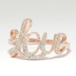 Diamant Liebe Ring, 14K Massivgold, Vorschlag Ring, Naturdiamanten, Script Wort Buchstabe Ring, Romantischer Statement Schmuck, Geschenk für sie