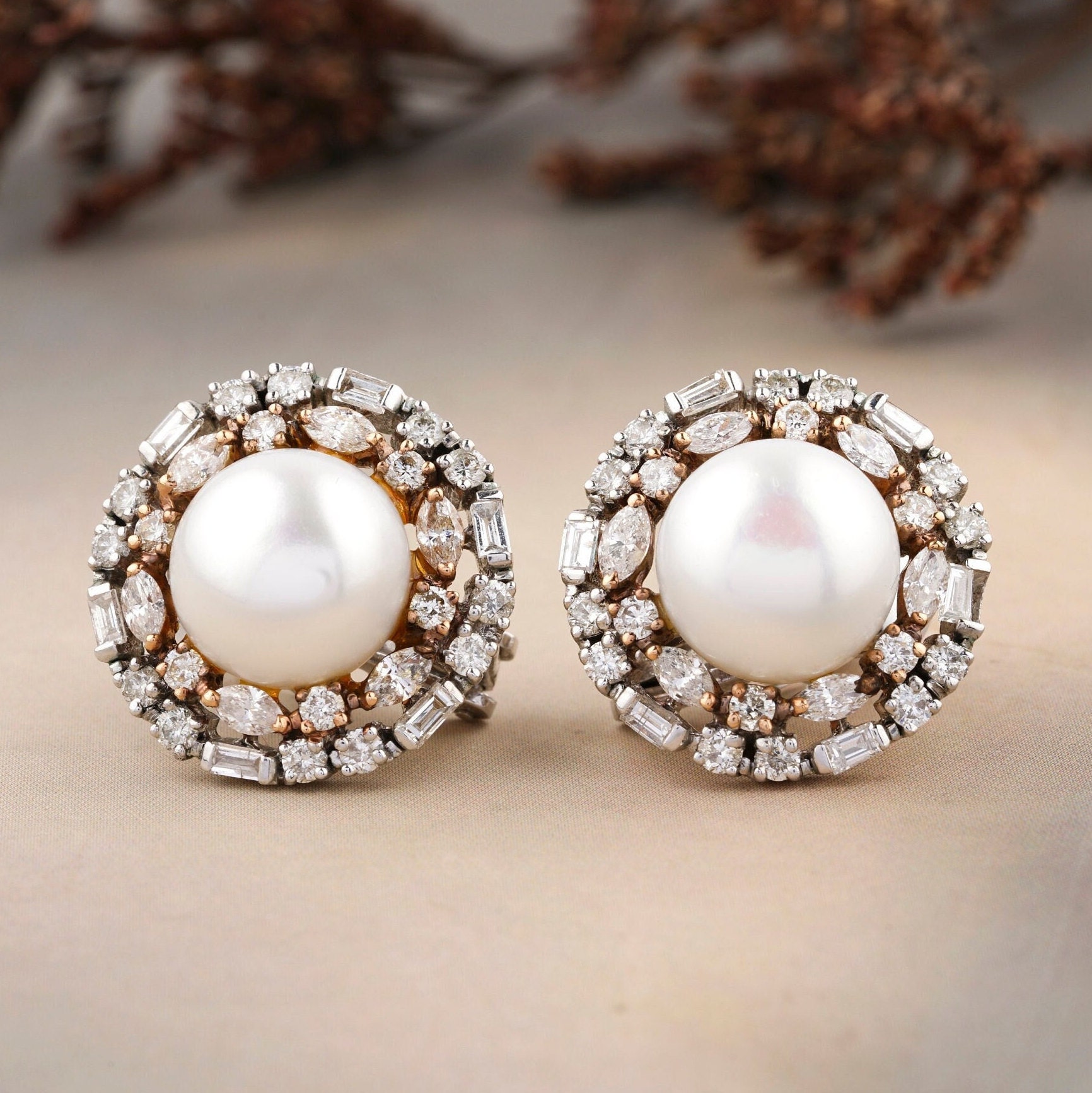 White Freshwater Cultured Pearl  Diamond Cluster Stud Earrings