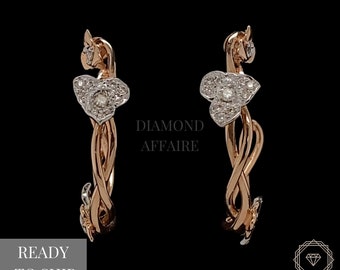 Hoop Vine Diamond Earrings In 14k Solid Gold, Natural Diamonds, Dual Tone, Gift for her