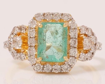 Emerald Cut Green Diamond Ring, 14K Solid Gold, Natural Diamonds, Halo Cocktail Gemstone Ring, Statement Bridal Jewelry, Gift For Her