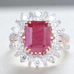 Emerald Cut Ruby Diamond Ring, 14k Solid Gold, Natural Diamonds, July Red Gemstone Halo Ring, Statement Birthstone Jewelry, Gift For Her