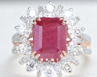 Emerald Cut Ruby Diamond Ring, 14k Solid Gold, Natural Diamonds, July Red Gemstone Halo Ring, Statement Birthstone Jewelry, Gift For Her