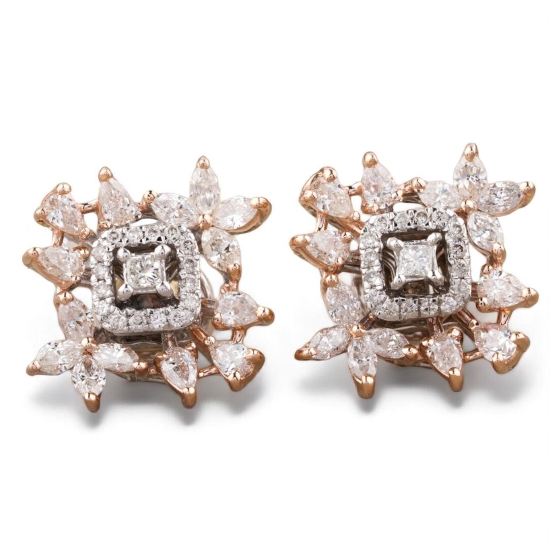 Leaflet Floral Diamond Stud Earrings, 14k Solid Gold