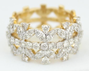Anello con corona di diamanti, anello largo in oro massiccio 14k, diamanti naturali, fede nuziale Eternity, anello da cocktail, anello Art Déco, regalo per lei