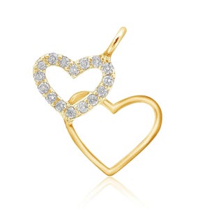 Double Heart Gold Charm Pendant, 14k Solid Gold, Natural Diamonds, Intertwined Love Necklace, Everyday Minimalist Jewelry