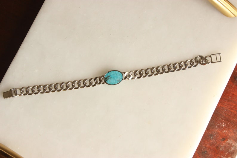Turquoise Men's Bracelet, Miami Cuban Bracelet, Gemstone Bracelet, 14k Solid Gold, Chain & Link Bracelet, Men's Jewelry image 4