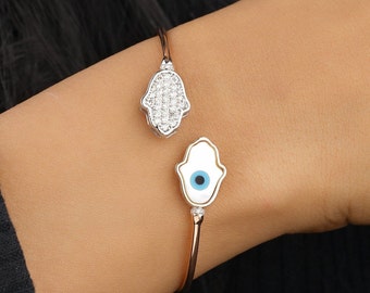 Hamsa Evil Eye Cuff Bracelet, 14k Solid Gold, Natural Diamonds, Open Centre Cuff Bracelet, Gift For Her