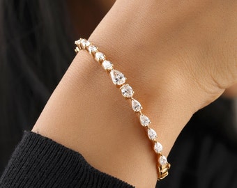 Diamond Bangle Bracelet, 14k Solid Gold Cuff, Natural Diamond Bracelet, Anniversary Gift, Wedding Jewelry | Minimalist Bracelet