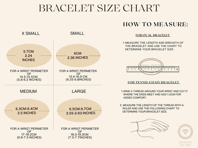 Pu&ograve; includere: Un grafico che mostra le dimensioni dei braccialetti in pollici e centimetri. Il grafico include istruzioni su come misurare i braccialetti ovali e i braccialetti a catena da tennis. Il grafico &egrave; etichettato con le seguenti dimensioni: XXS, XS, S, M, L e XL.