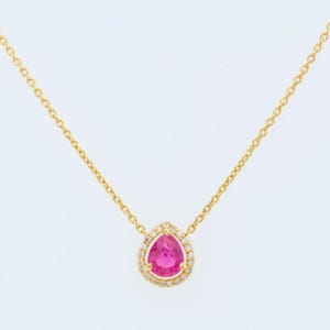 Pear Ruby Halo Diamond Necklace, 14k Solid Gold, Natural Diamonds, Minimalistic Layering Necklace, Everyday Pendant, Certified Jewelry