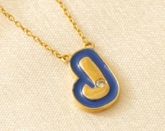 Collar con colgante de esmalte con inicial personalizada, oro macizo de 14 k, diamantes naturales, letra minimalista con burbujas, joyería personalizada para uso diario.