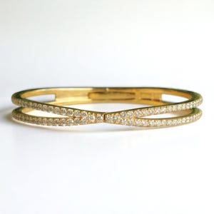 Crossover Diamond Bracelet, 14k Solid Gold, Natural Diamonds, Gold Stackable Bangle, Statement Jewelry, Wide Cocktail Bracelet