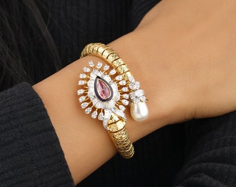 Pink Evil Eye Pearl Cuff Bracelet, Textured Grooved, Baguette & Pear Natural Diamonds, 14K Solid Gold, Gift for her