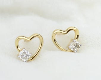 Aretes de diamantes con forma de corazón para niños, oro macizo de 14 k, diamantes naturales, joyería infantil, regalo para bebés, niñas y niños.