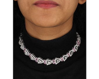 Halo Trillion Design Necklace, Heart shape Pink Tourmaline, Convertible Necklace Bracelet, Moissanite Necklace, 14k Solid Gold, Gift for her