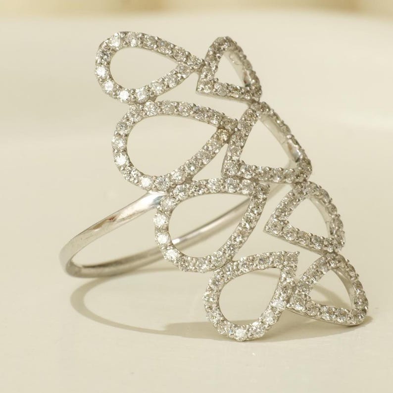 Diamond Cascade Ring Pear Loop Cascade Diamond Ring, 14k Solid Gold Ring, Cocktail Diamond ...