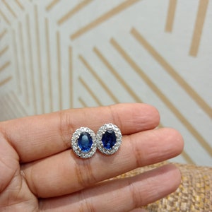 3 ct Oval Blue Sapphires Earrings with Diamond Halos, Gemstone Stud earrings, 14K Solid Gold, Natural Diamonds, Gift for her image 4