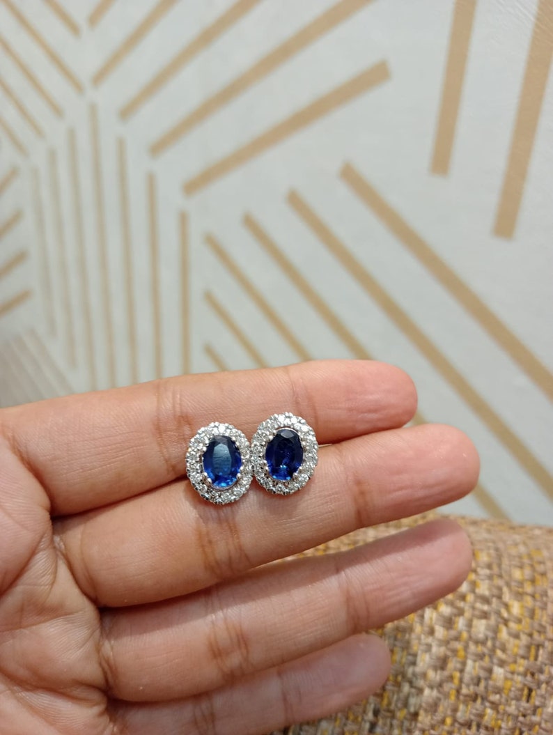 3 ct Oval Blue Sapphires Earrings with Diamond Halos, Gemstone Stud earrings, 14K Solid Gold, Natural Diamonds, Gift for her image 4