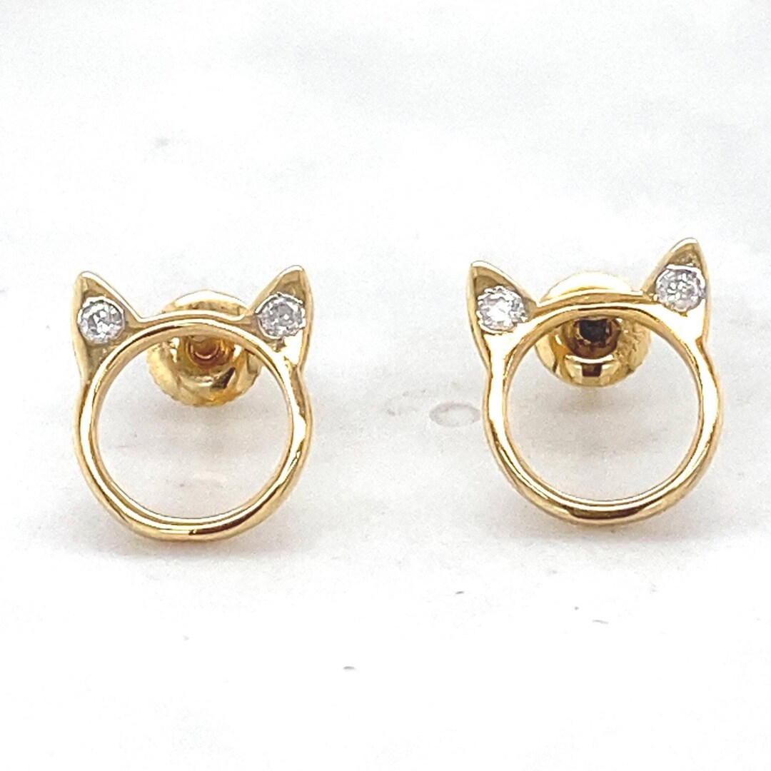 Kids Cat Ear Diamond Stud Earrings, 14k Solid Gold, Natural